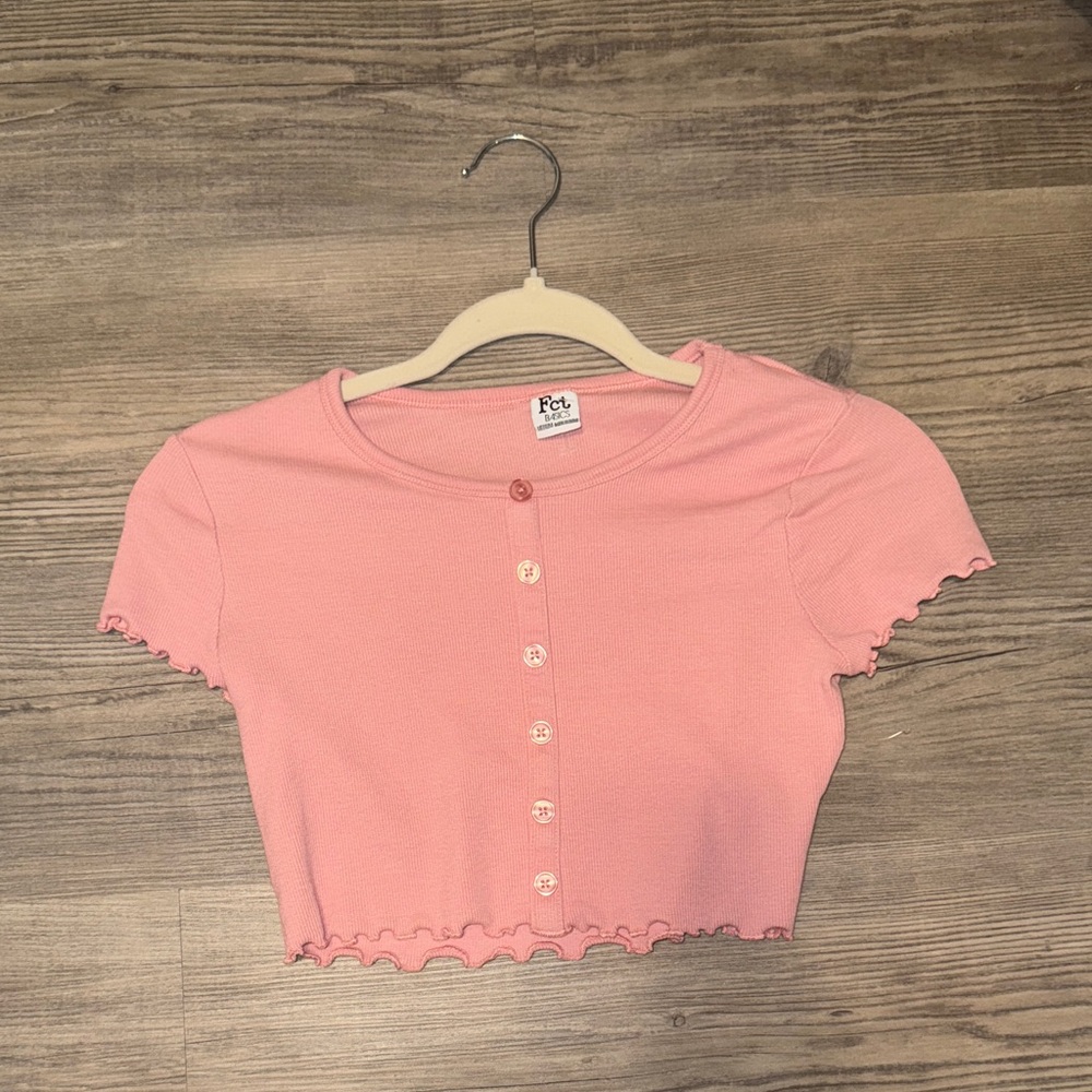 Pink Button-Up Crop Top with Scalloped Edges